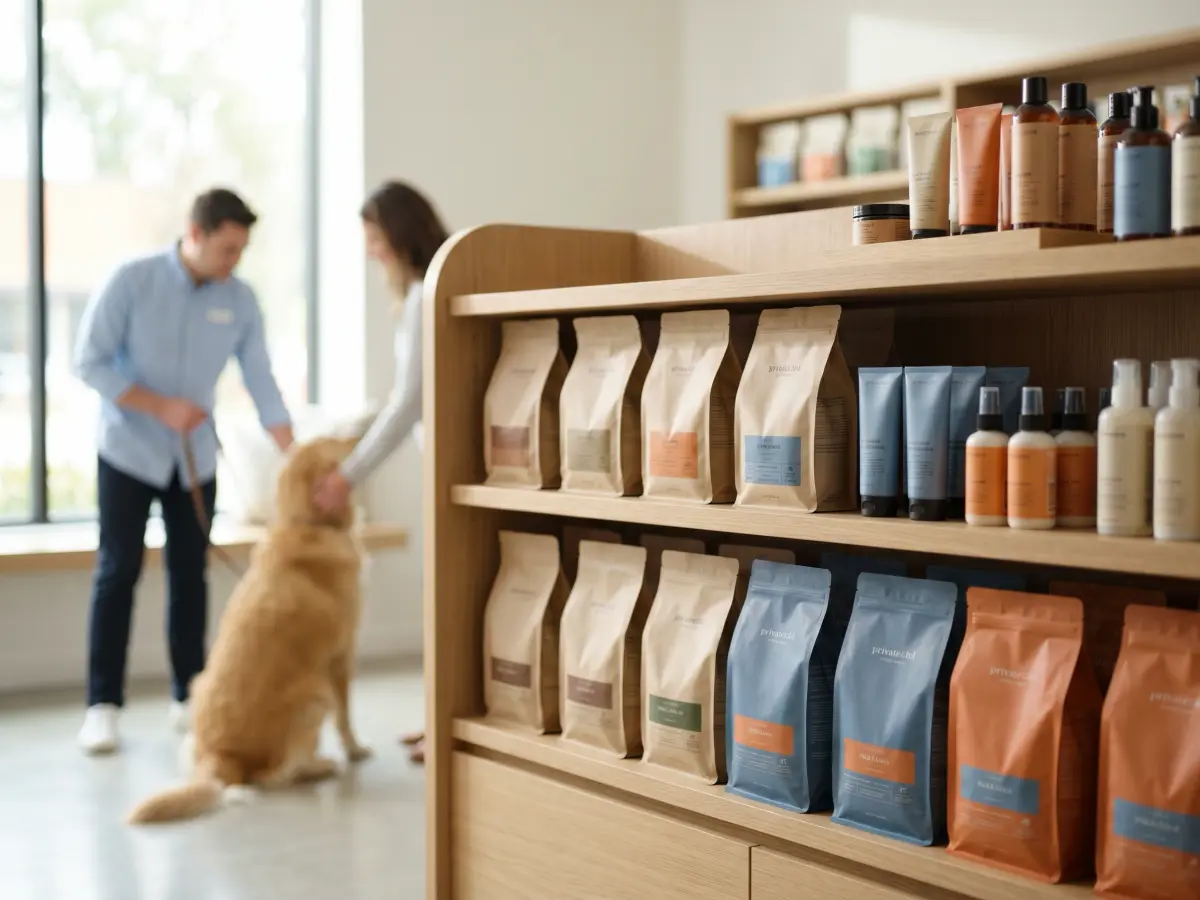 Premium private label pet food shelf display in a modern pet store