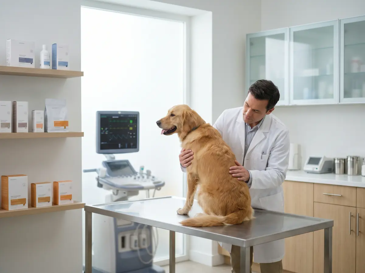 Veterinarian providing professional care in an animal hospital using Xinji Pet Food products